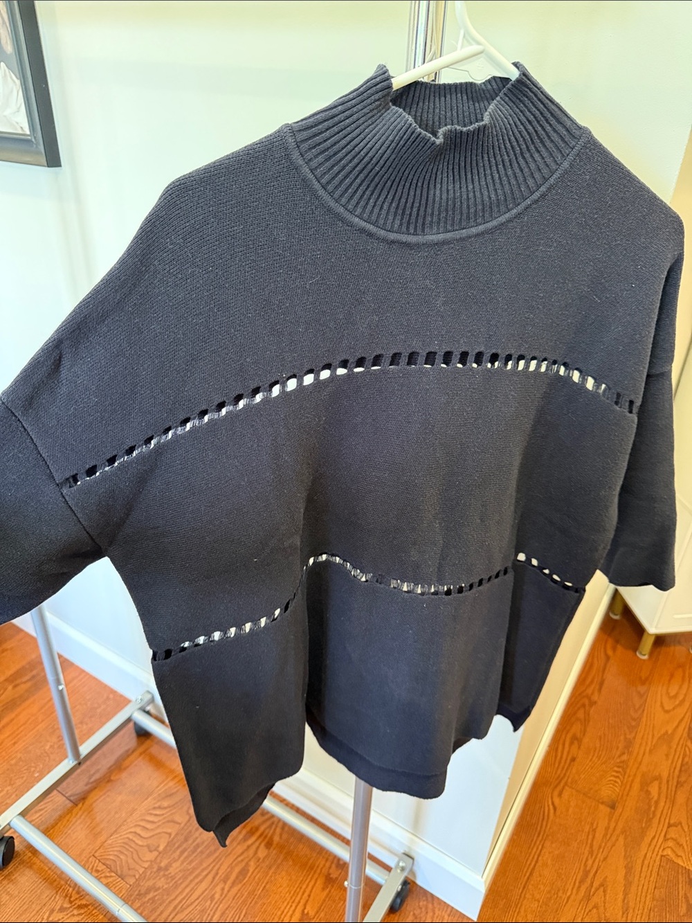 French Connection Black Openwork Mock-Turtleneck Sweater
